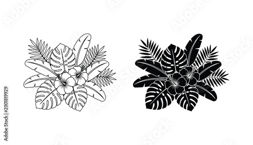 Exotic tropical flower arrangement illustration showcasing vibrant hibiscus blossoms broad monstera leaves and elegant banana palm fronds