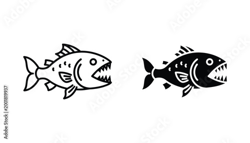 Stylized aggressive predatory fish icon set with sharp teeth and fins in minimalist black and white vector art style for marine wildlife branding and graphic design projects