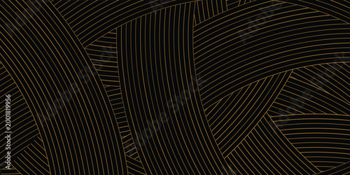 Luxury abstract background with gold wavy lines on black. Elegant minimal pattern for premium branding, wallpaper, covers, and modern graphic design projects.