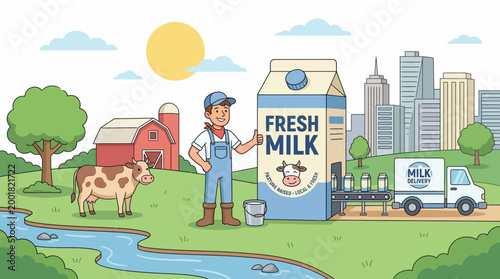 Dairy Production Process Illustration showing Farmer Cow and Milk Delivery from Farm to City