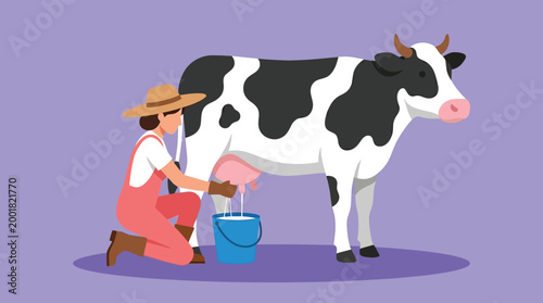 Female farmer milking dairy cow into bucket flat vector illustration for agriculture and dairy production industry concepts