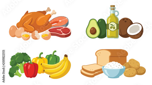 Various Healthy Food Groups Flat Vector Illustration for Balanced Diet Nutrition and Meal Planning