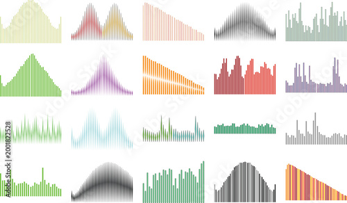 Abstract soundwave vector collection, set of 20 colorful audio equalizer waveforms and digital frequency visualizer elements. Modern music signal bars and sonic pulse graphics in vibrant pastel