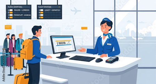 Quadro su tela Passenger at airport check-in counter with staff and luggage.
