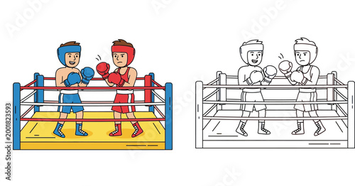 Boxing Match Illustration of Two Young Boxers in a Ring with Coloring Page Version, Sport and Fitness Themed Vector Art for Kids Activity Books and Graphic Design Projects