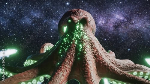 A glowing, otherworldly creature floats in the vastness of space, showcasing its unique form and vibrant colors against the cosmic backdrop