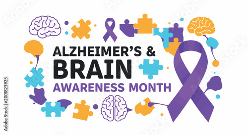 Foto Purple ribbon awareness Alzheimers Brain Month logo with brain puzzle pieces in