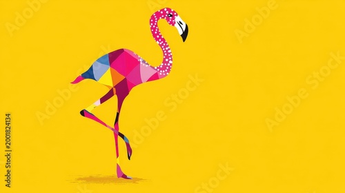 Colorful Geometric Flamingo Illustration on Bright Yellow Background