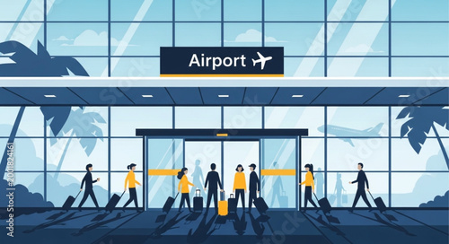 Modern Airport Entrance with Glass Doors and Travelers.