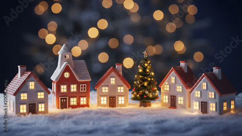 Miniature houses and Christmas tree on snowy ground with bokeh lights in background