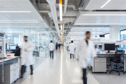 A motion blur captures the bustling activity within a modern, brightly lit laboratory hallway, showcasing scientists in white coats engaged in research and experimentation.