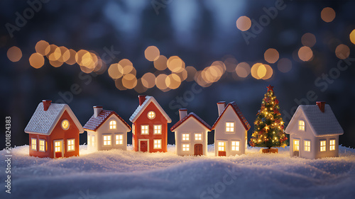 miniature houses on snowy landscape with christmas tree and bokeh lights
