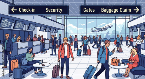 Busy Airport Terminal with Travelers and Luggage.