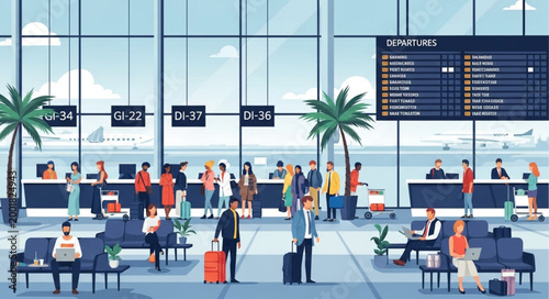 Modern Airport Terminal Interior with Passengers and Check-in Counters.