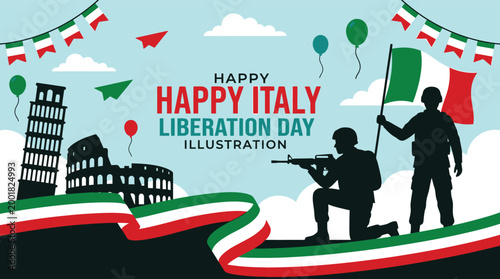 Italy Liberation Day Celebration Vector Illustration with Soldier Silhouette National Flag and Landmarks for Greeting Cards