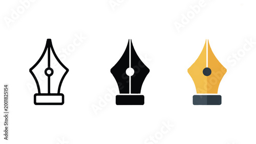 Three different fountain pen nibs in black gold and gray colors