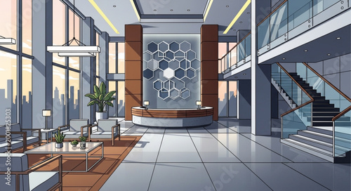 Modern Lobby Interior with Lounge Seating and Artwork.