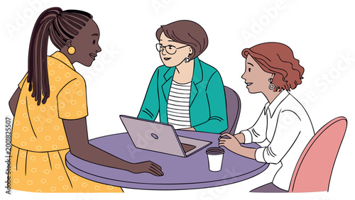 Diverse Business Women Collaborating in a Modern Office Setting with Laptop and Coffee