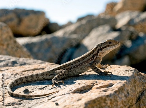 Mountain lizard on warm rock, sunlight highlights, sharp texture, shallow depth of field, ultra realistic, macro photography



