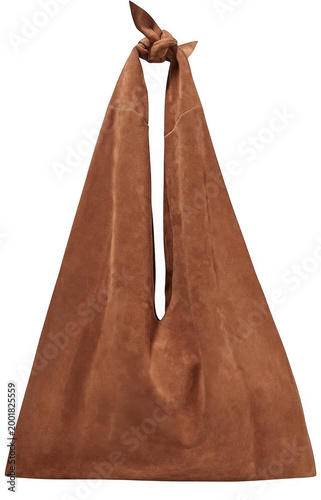 A brown leather bag with a long strap and knot on a white background