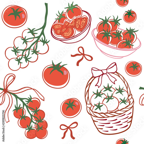 Vector seamless pattern with fresh red tomatoes in a wicker basket and ceramic bowls. Hand-drawn line art illustration of cherry tomatoes on branches with decorative bows isolated on white background.