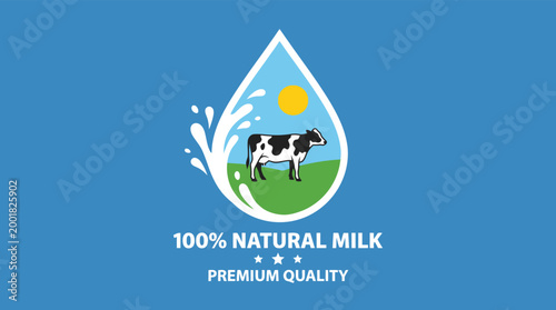 Organic Dairy Farm Logo with Cow Grazing on Green Pasture inside a Splash Drop Graphic
