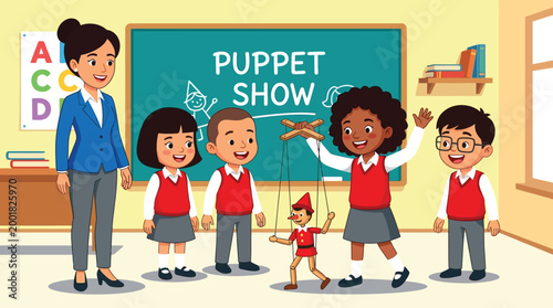 Diverse school children and teacher performing a wooden marionette puppet show in a classroom