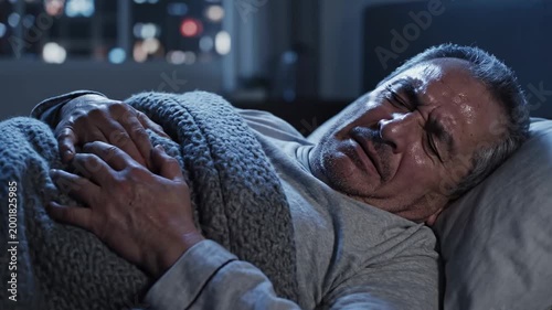 Restless Elderly Man Experiencing Nightmares or Discomfort While Trying to Sleep
