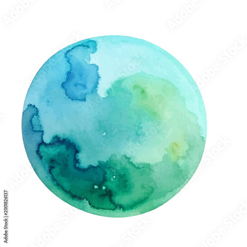 Vibrant abstract watercolor sphere illustration in diverse shades of blue and green, depicting a fluid, organic texture reminiscent of a planet or natural element