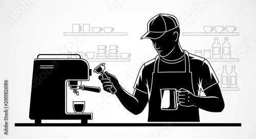 Barista Preparing Coffee Using Espresso Machine in Cafe.