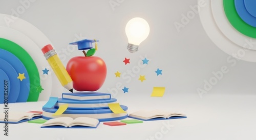 3D cartoon icons celebrate Teacher Appreciation Week with apple and graduation cap