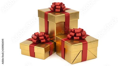 Three gold gift boxes with red ribbons and bows on white background