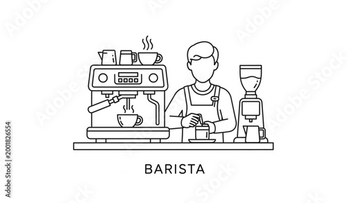 Barista outline icon with coffee machine and cup linear vector illustration for cafe concept isolated on white