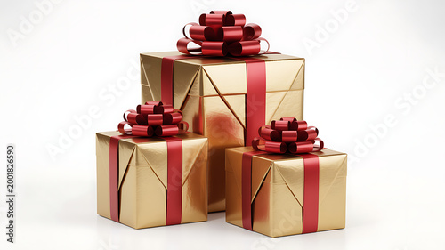 Three gold wrapped presents with red ribbons and bows on white surface