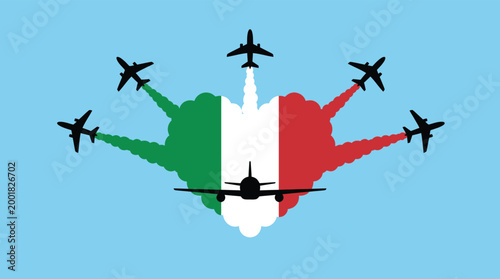 Aerobatic Jet Silhouettes with National Flag Colors Smoke Trails Forming Heart Shape on Blue