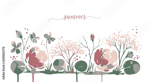 Summer floral border, colorful garden flowers, vector illustration, decorative plants