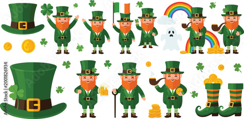 Saint Patricks Day leprechaun collection with shamrock rainbow pot of gold and festive Irish characters colorful vector illustration set