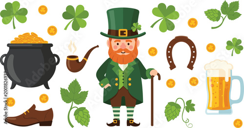 Saint Patricks Day elements with leprechaun pot of gold beer shamrock and lucky symbols festive Irish vector illustration collection