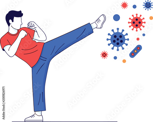 Man kicking virus concept illustration with immunity protection against bacteria and infection healthcare defense vector design for wellness and safety