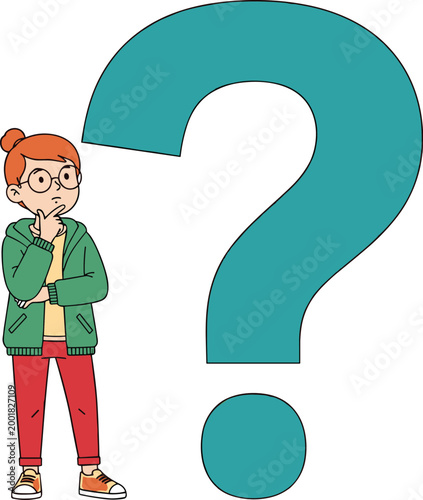 Confused woman thinking with question mark concept illustration for problem solving decision making and curiosity modern vector design