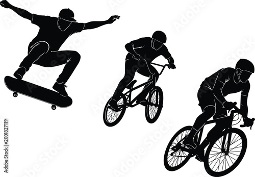 Extreme sports silhouettes with skateboarder and cyclists in action dynamic outdoor activity vector illustration set in black monochrome style