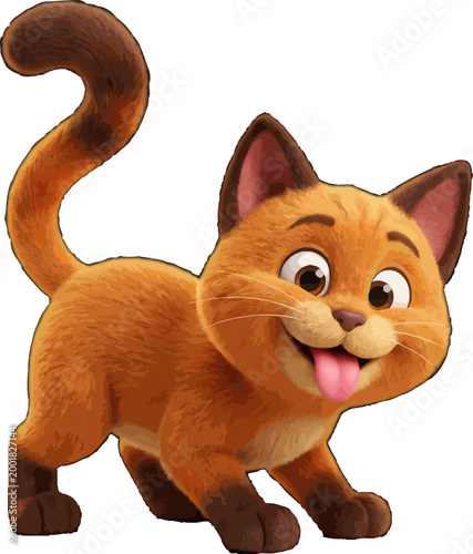 Adorable cartoon orange cat with a playful expression, sticking its tongue out, full body shot, isolated on white background