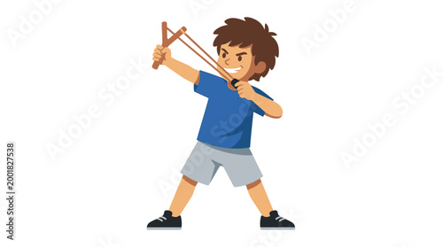 Cartoon Illustration of a Mischievous Young Boy Aiming a Wooden Slingshot for Play and Fun Activity Concept