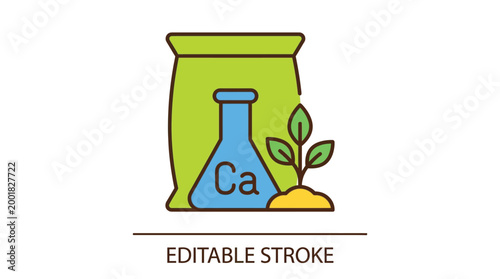Calcium fertilizer bag with laboratory flask and plant sprout icon for agricultural chemistry research