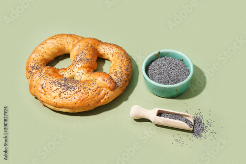 Tasty pretzel and bowl of p...