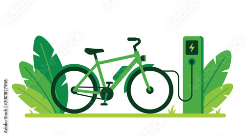 Green Electric Bicycle Charging at Station with Tropical Leaves Flat Vector Illustration for Eco Friendly Transport Concept