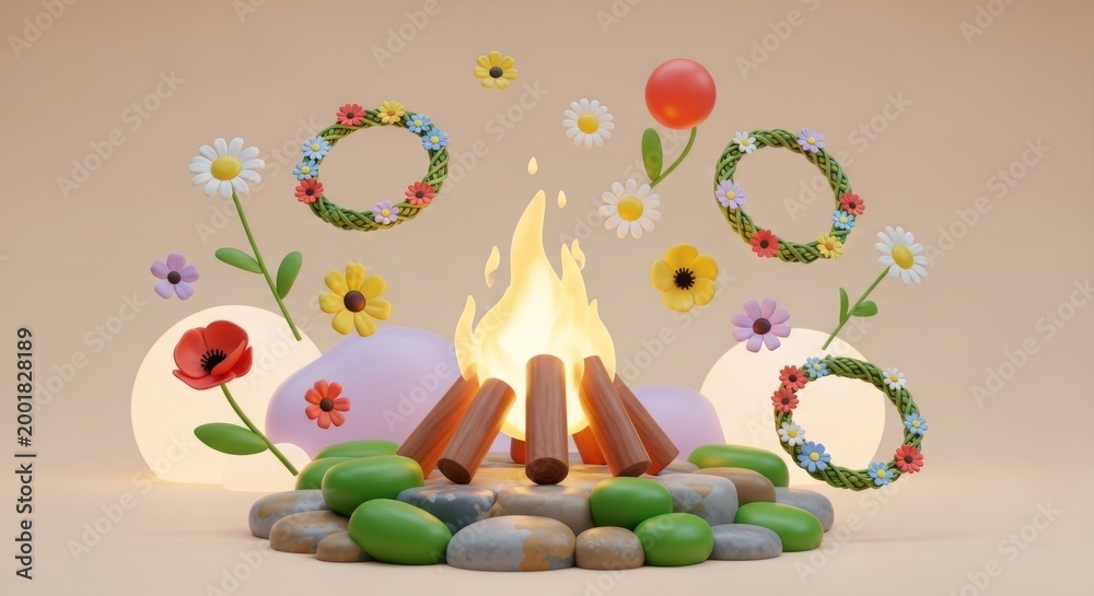Obraz premium Charming Beltane illustration with bonfire, flowers, and wreaths