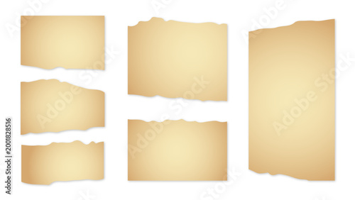 Set of torn old paper sheets with ripped edges isolated on white background, vintage parchment scraps collection, vector realistic craft paper pieces
