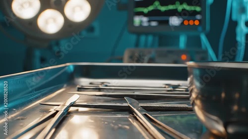 Surgical Instruments, Medical Equipment, and Operating Room in Detailed High Contrast.