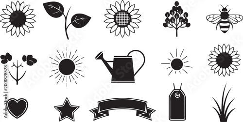 Sunflower Garden Nature Silhouette Elements Set Isolated on White Background